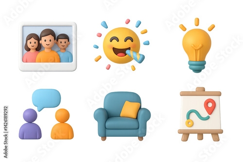 Entertainment and social 3d icons set – vibrant, playful symbols for digital interaction and creativity: group photo, laughing face, light bulb, chat bubbles, comfy chair, map