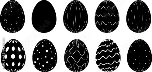 Easter egg, black and white easter eggs collection. Spring linear egg icon set with different ornaments, easter egg decoration flat illustration
