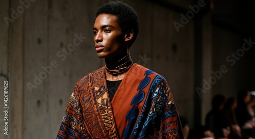 African male model in vibrant runway fashion with traditional patterns