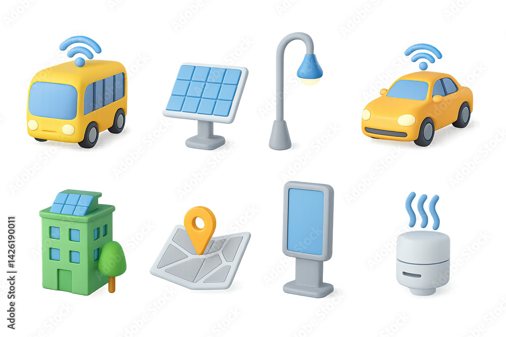 Smart city tech 3d icons set – futuristic urban development symbols for digital infrastructure, iot, and connectivity: bus, solar panel, street light, car, smart home, map
