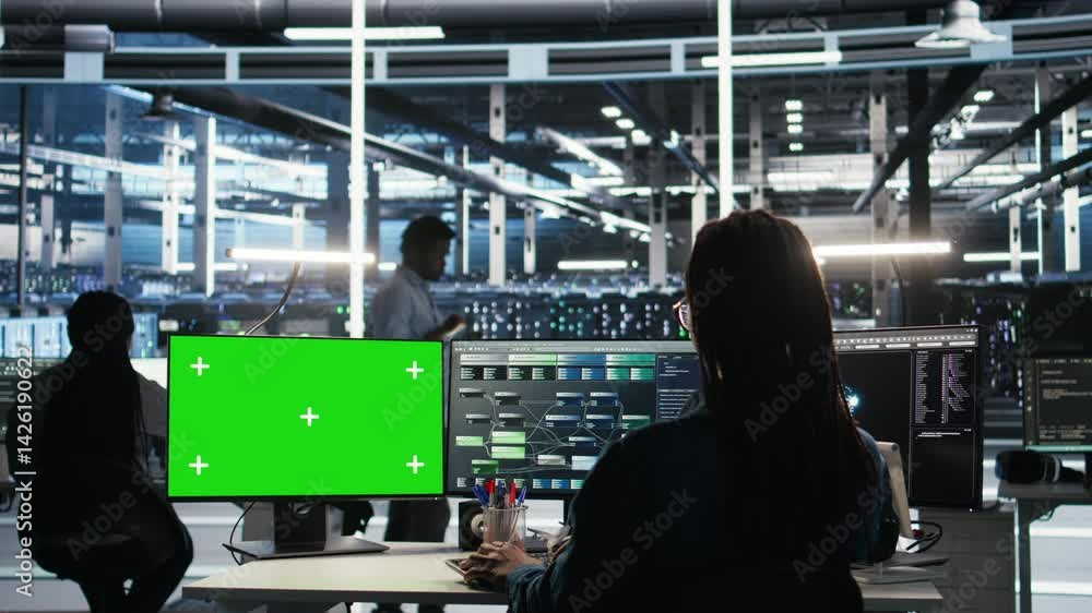 Server farm engineer using node tree systems on green screen PC to ...