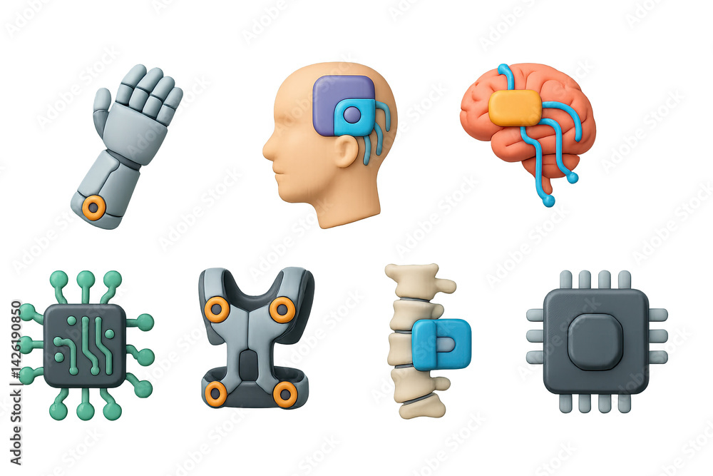 Cybernetic enhancements icon set – 3d style biotechnology and futuristic tech symbols for innovation, ai, and neural networks: robotic arm, brain chip, processor, exoskeleton, spine implant, circuit