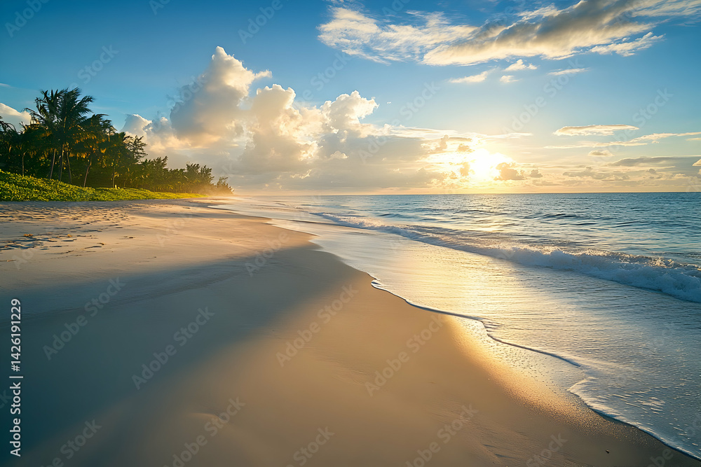 Fototapeta premium Ocean beach with waves trees and clouds at sunrise or sunset.