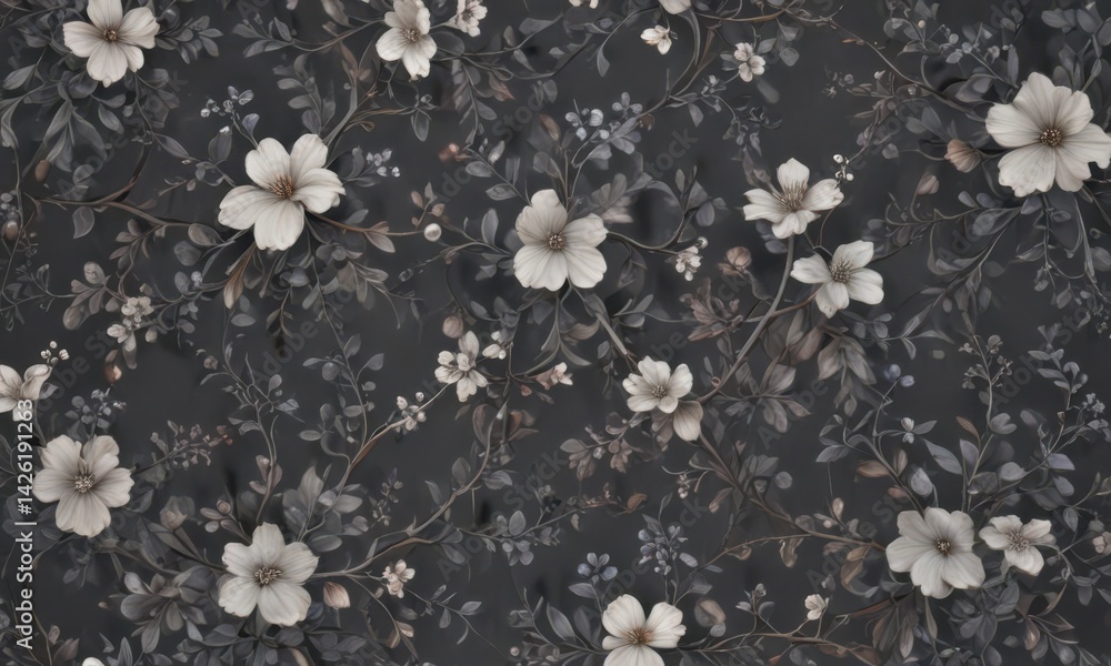 Fototapeta premium Subtle dark grey floral wallpaper Intricate vines & tiny blossoms, seamless , dark grey, dark, modern