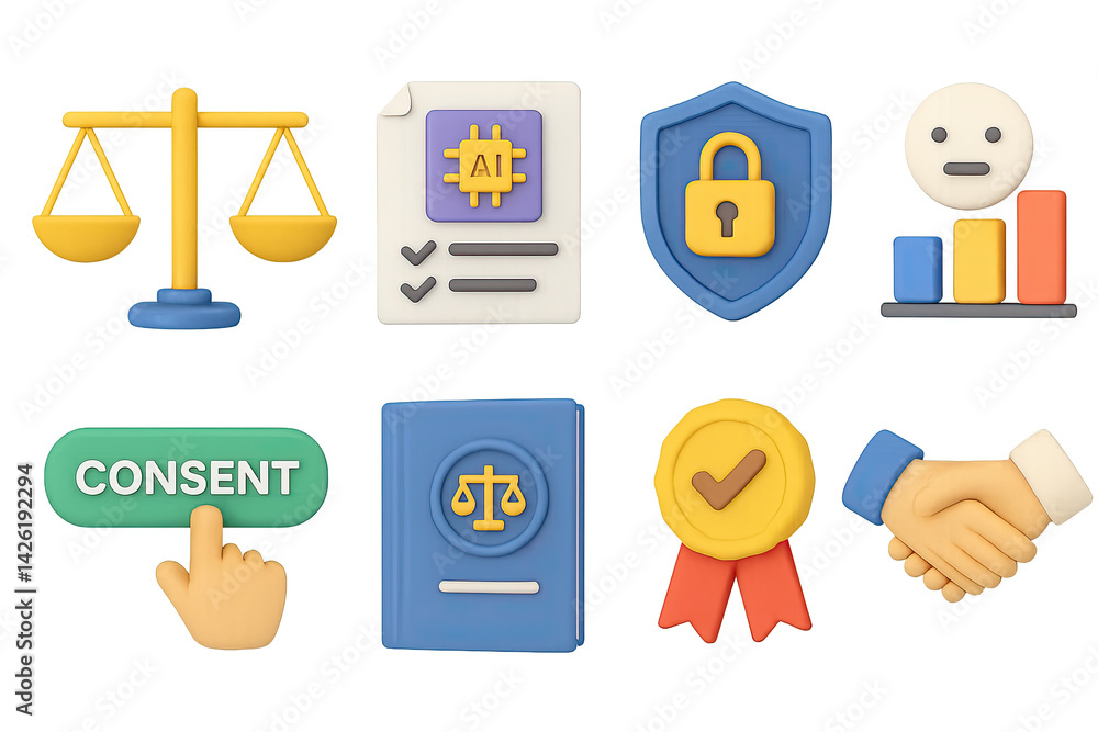 Legal and privacy flat icons set – compliance and security symbols for data protection, consent management, law, security, lock, shield, scales, agreement, badge
