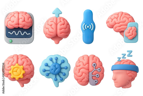 Obraz na płótnie Brain and neurology 3d icons set – mental health, neuroscience, and cognitive symbols for psychology, brain waves, ai, sleep, gear, cloud, wireless, mindfulness w salonie