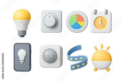 Smart home 3d icon set – isometric style home automation and control symbols: light bulb, dimmer switch, pie chart, clock, smart plug, motion sensor, led strip