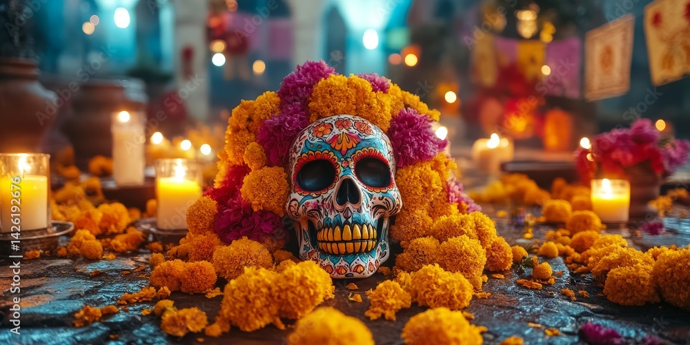Day of the Dead celebration with colorful skull, candles, and marigolds Day of the Dead celebration with colorful skull, candles, and marigolds