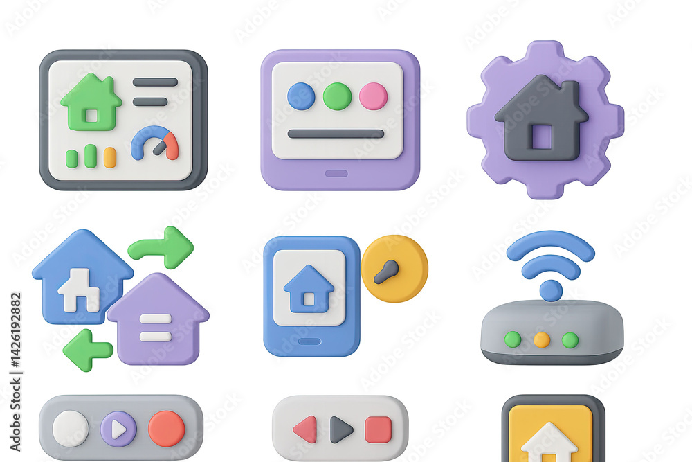Home automation 3d icon set – smart home and iot symbols for technology management and control: home, smartphone, settings, key, wifi, router, dashboard, arrows
