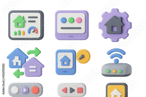 Obraz na płótnie Home automation 3d icon set – smart home and iot symbols for technology management and control: home, smartphone, settings, key, wifi, router, dashboard, arrows w salonie