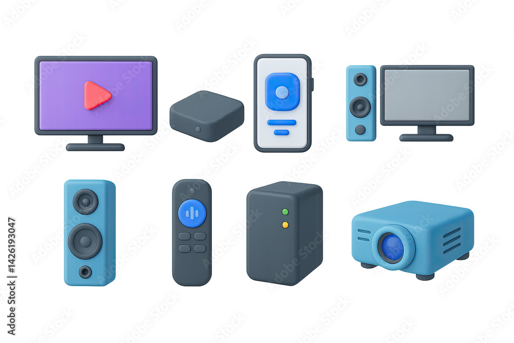 Home entertainment devices icon set – 3d style audio and video equipment symbols for tech lovers, digital media, and smart home setups: tv, speaker, projector, remote, media player