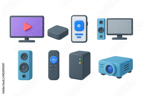 Obraz na płótnie Home entertainment devices icon set – 3d style audio and video equipment symbols for tech lovers, digital media, and smart home setups: tv, speaker, projector, remote, media player w salonie