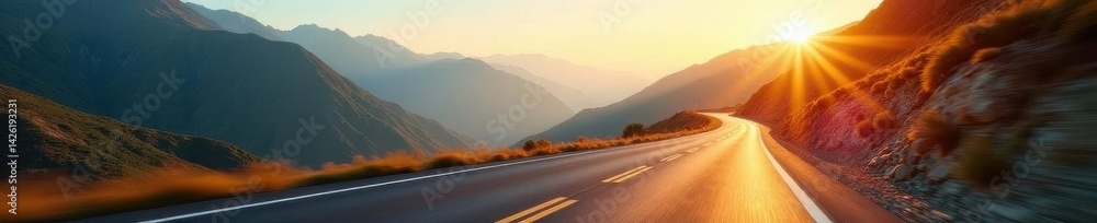 Fototapeta premium Sun-drenched mountain road stretches to horizon, speed blur effect , drive, summer
