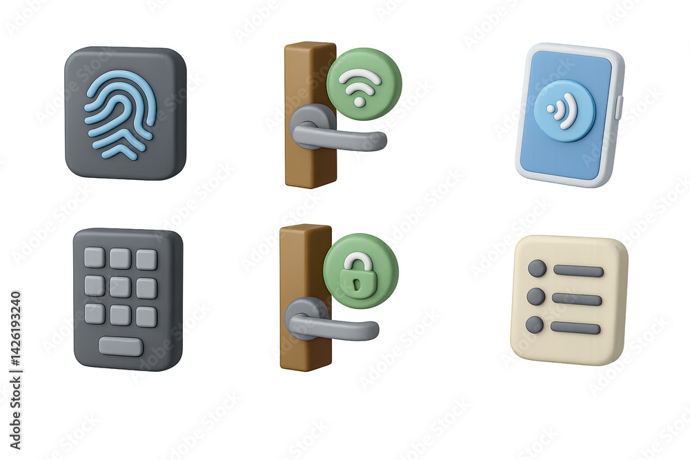 Security and access 3d icons set – digital protection symbols for entry systems, cybersecurity, and smart technology: fingerprint, wifi lock, keypad, smart card, padlock