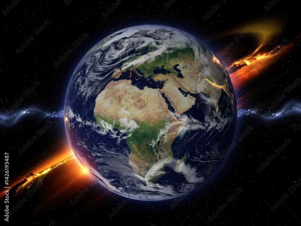 Fototapeta premium Planet Earth viewed from space with dramatic lighting and cosmic elements during a celestial event