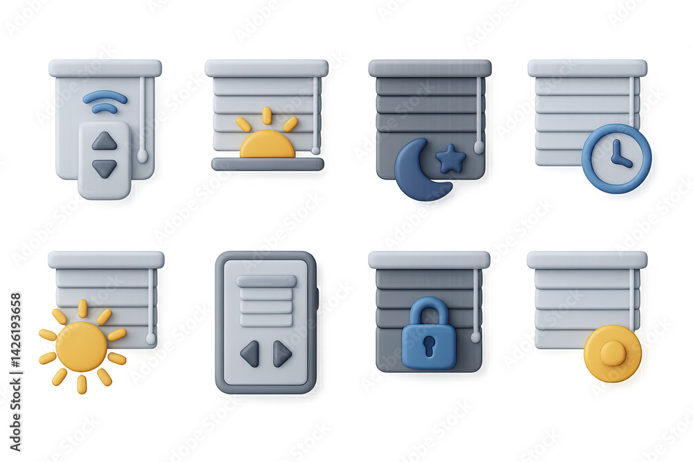 Smart home blinds icon set – 3d automation and security symbols for home control, daylight, privacy, and timing: remote control, sunrise, night, clock, sun, lock, switch