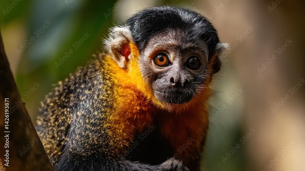 Golden-mantled tamarin monkey rainforest tree portrait Golden-mantled tamarin monkey rainforest tree portrait