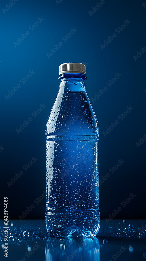 A bottle of water held against a backdrop of clear blue sky vertical - black background A bottle of water held against a backdrop of clear blue sky vertical - black background
