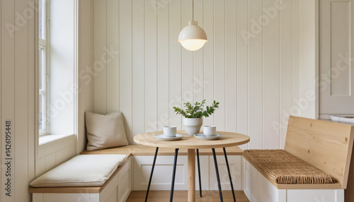 Modern interior design architecture photography: A bright, minimalist interior showcases a cozy window seat and small round table with a pendant light, creating a peaceful and inviting breakfast noo