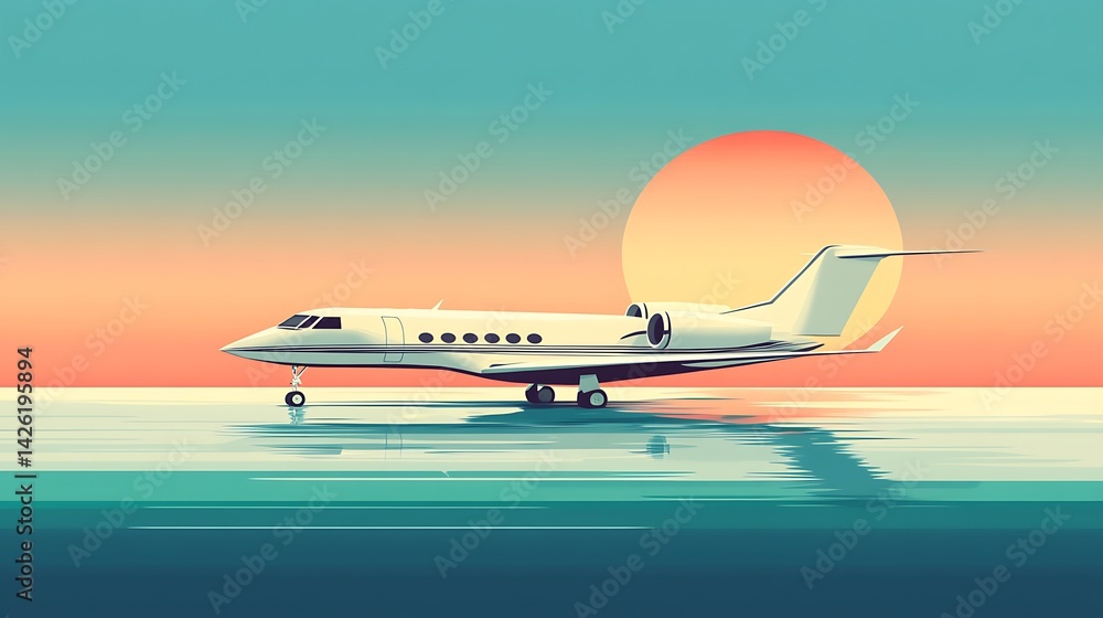 Fototapeta premium Private Jet Sunset Ocean Landing.