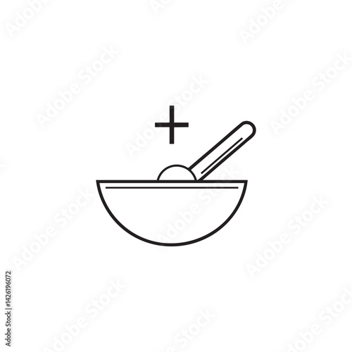 Bowl with spoon and plus sign icon on white. Food preparation, recipe, nutrition, or healthcare addition. Minimalist vector.
