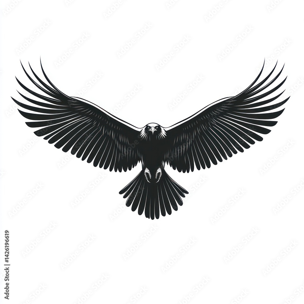 Obraz premium Majestic eagle in flight, wings spread wide, against a white background, ideal for power/freedom imagery