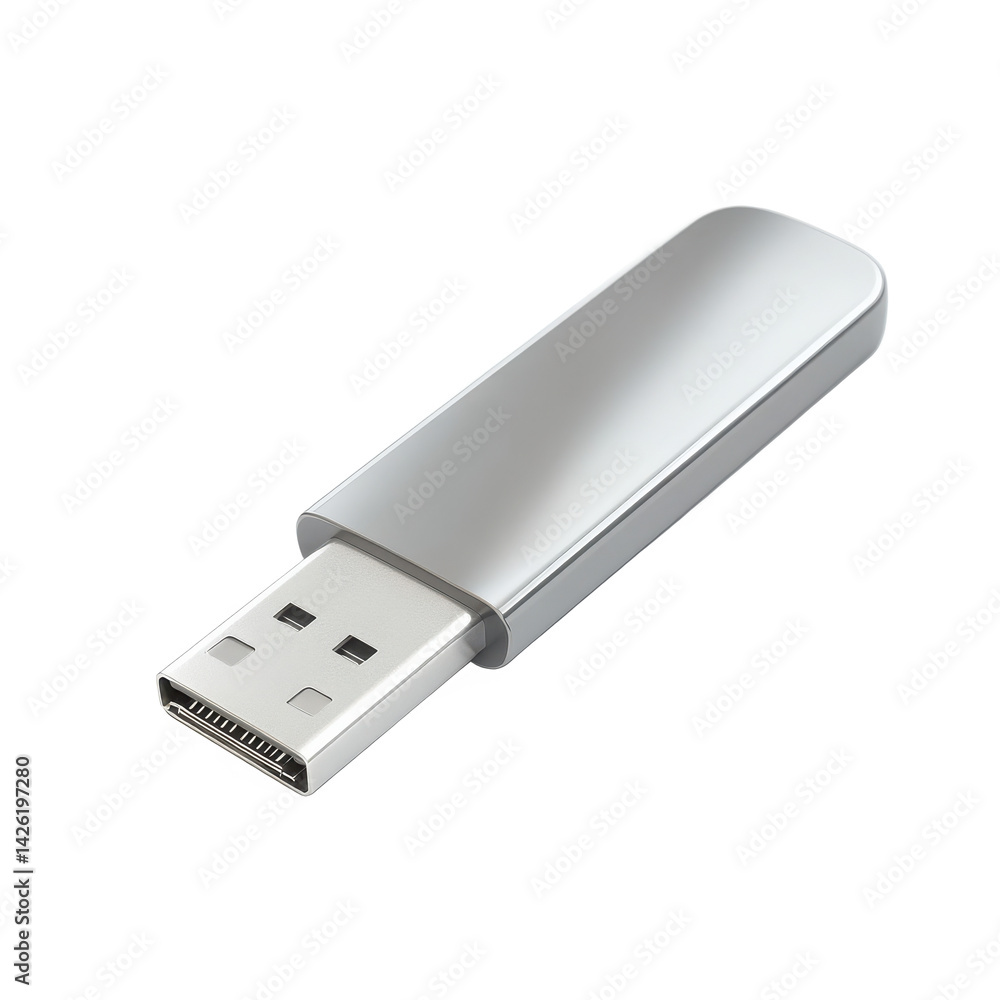 A close up shot of a silver usb flash drive on a black background with a slight angle and reflection A close up shot of a silver usb flash drive on a black background with a slight angle and reflection