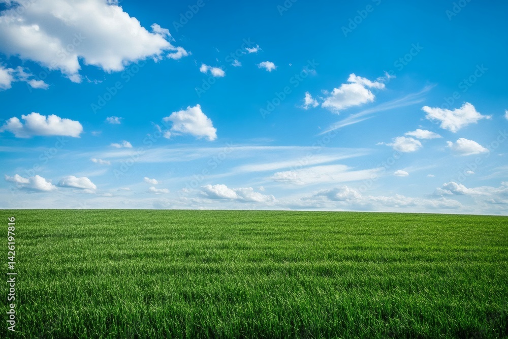 Vibrant green field stretching beneath a vast blue sky dotted with fluffy white clouds on a sunny day. Vibrant green field stretching beneath a vast blue sky dotted with fluffy white clouds on a sunny day.