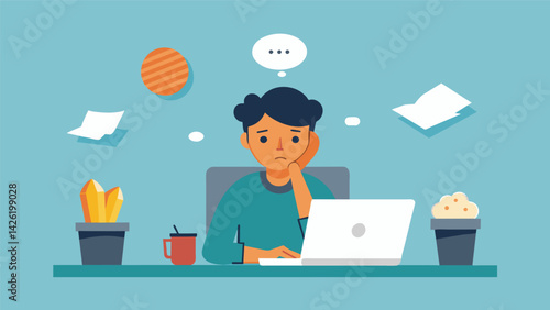 A young person sits at a desk surrounded by empty food containers and cled papers staring blankly at their computer screen. A thought bubble above. Vector illustration
