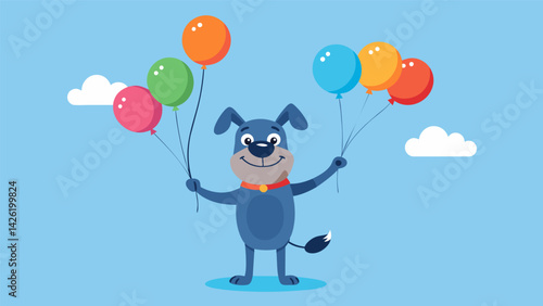 A cartoon representation of a dog holding balloons with each balloon representing a different emotion that can be identified and monitored by the. Vector illustration