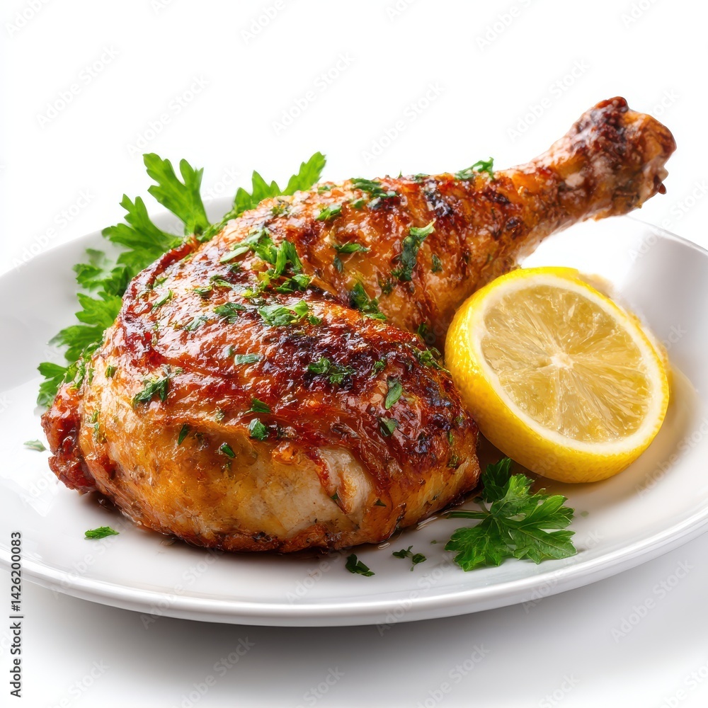 Roasted chicken leg with lemon isolated on white background Roasted chicken leg with lemon isolated on white background