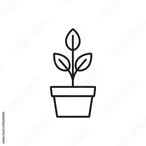 Minimal potted plant icon with leaves in line art style, vector illustration representing nature, eco growth, gardening, home decor, and green lifestyle