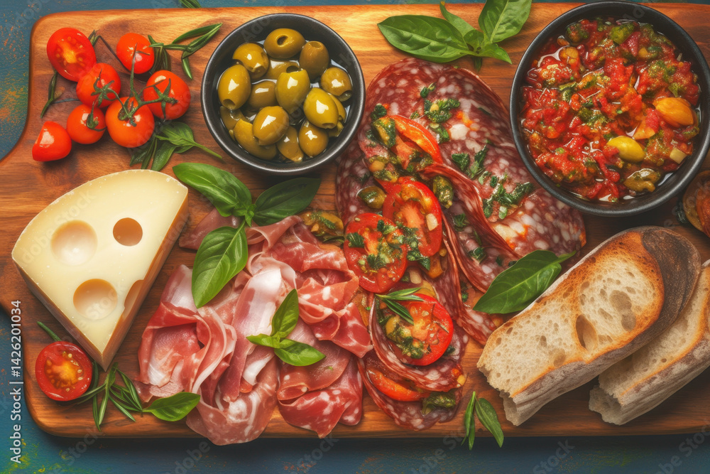 Fototapeta premium Wooden cutting board holding assorted fresh ingredients: tomatoes, basil, garlic, and olive oil; ideal for making a flavorful bruschetta dish.