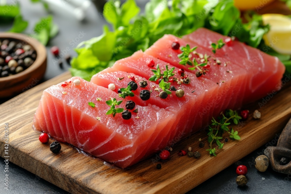 Freshly cut sashimi-grade tuna displayed on a wooden board with herbs and spices ready for culinary preparations Freshly cut sashimi-grade tuna displayed on a wooden board with herbs and spices ready for culinary preparations