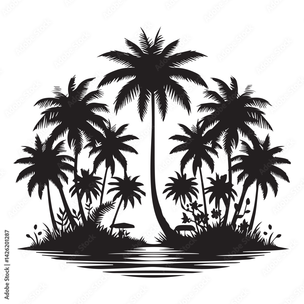 Fototapeta premium Palm Tree Silhouette Set – Tropical Island Coconut Trees Vector Collection