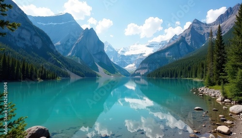 Sweeping view of Grinnell Lake & Glacier; towering peaks, lake reflection, vista, summer