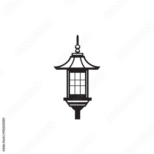 Traditional Japanese lantern icon in minimal black silhouette, vector decorative cultural design inspired by Asian architecture and temple aesthetics