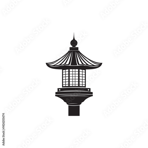 Traditional Japanese lantern icon in minimal black silhouette, vector decorative cultural design inspired by Asian architecture and temple aesthetics