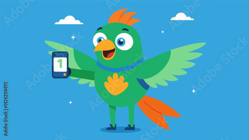 A cheerful bird enthusiast showing off their parakeets fitness tracker that measures how many flights it takes per day.. Vector illustration