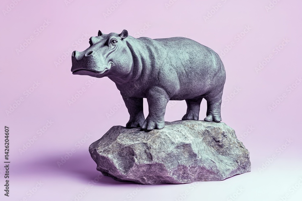 Obraz premium Gray hippo sculpture atop a textured rock against a pastel background.