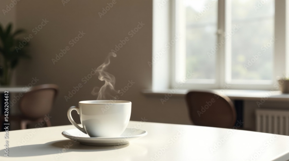 A steaming cup of coffee on a saucer rests on a bright table near a window, bathed in sunlight, with blurred chairs in the background, suggesting a calm and peaceful atmosphere. A steaming cup of coffee on a saucer rests on a bright table near a window, bathed in sunlight, with blurred chairs in the background, suggesting a calm and peaceful atmosphere.