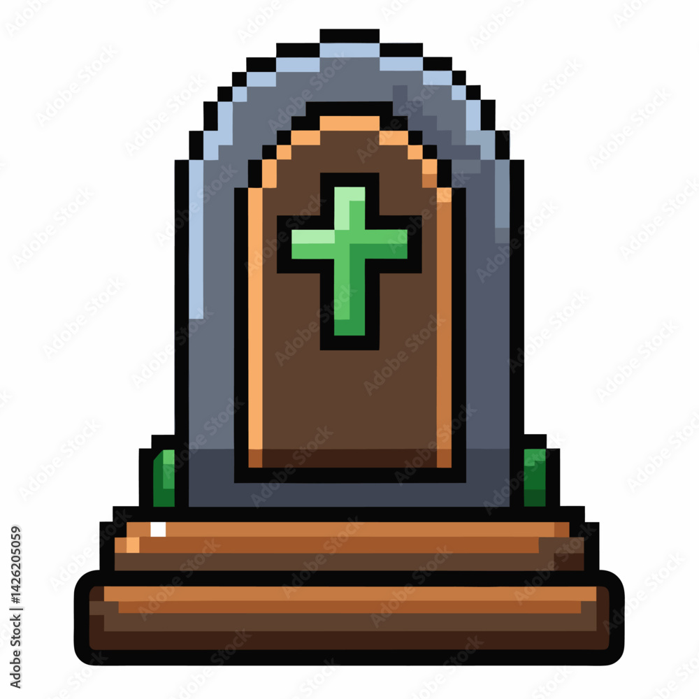 Obraz premium Pixel Art Gravestone with Cross Retro Gaming Icon for Halloween and Spooky Themes