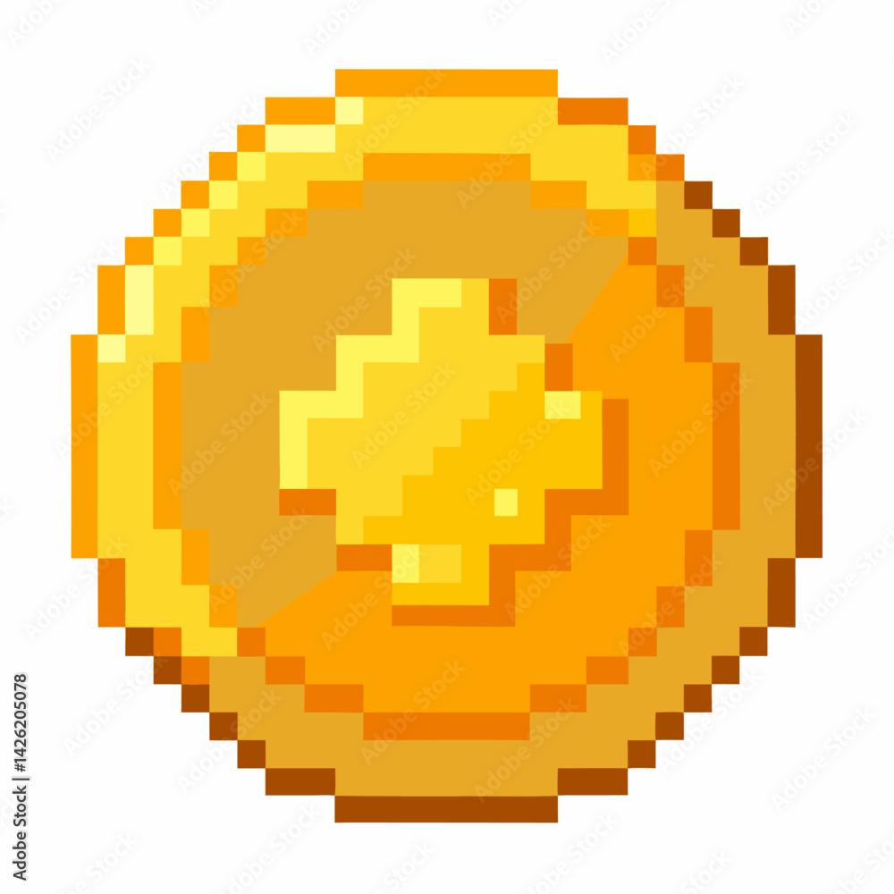Fototapeta premium Pixelated Gold Coin Icon with Plus Sign Retro Video Game Currency Symbol
