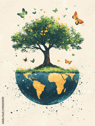 Tree with butterflies floating above an artistic representation of Earth