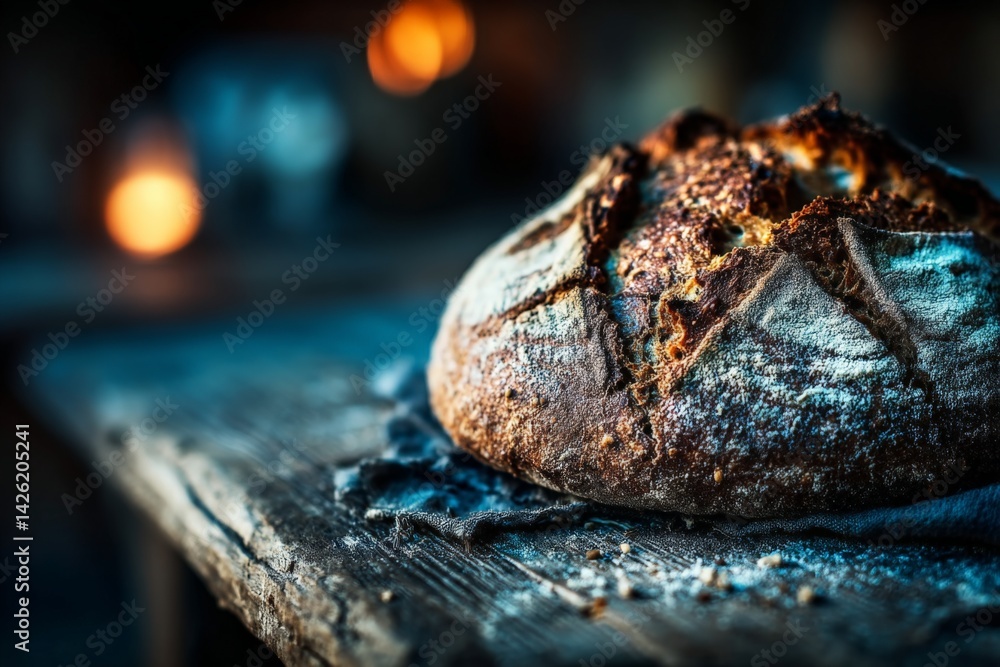 Sourdough bread rests on a wooden table in warm candlelight at a rustic bakery in the evening Sourdough bread rests on a wooden table in warm candlelight at a rustic bakery in the evening