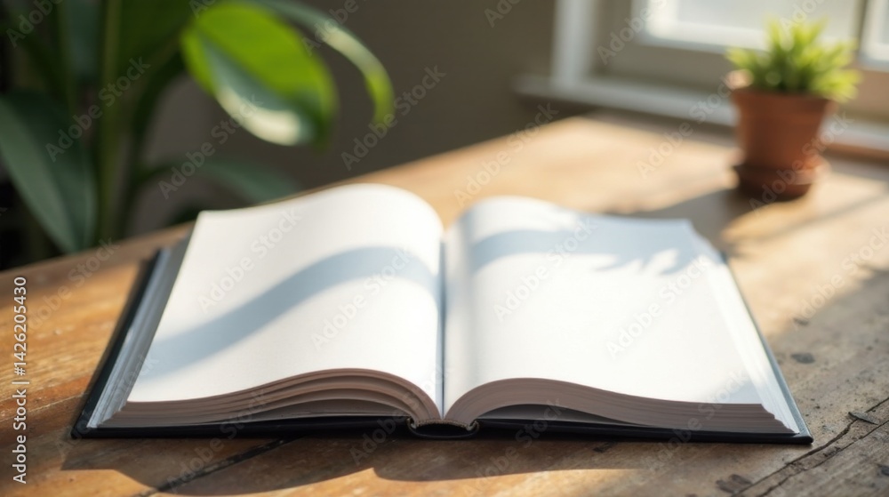 Fototapeta premium Open Book on Wooden Table Illuminated by Sunlight, Casting Shadows from Greenery