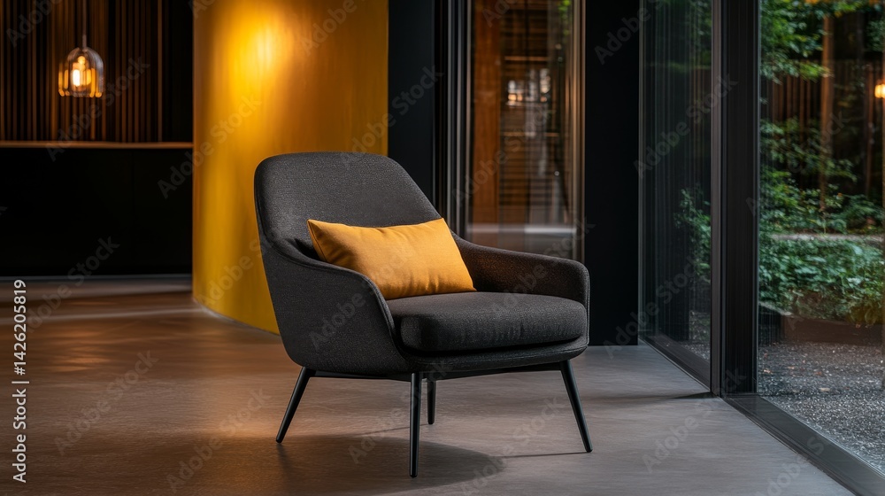 Fototapeta premium A stylish gray armchair with a single yellow pillow is positioned against a mustard-colored wall, with light spilling in from a nearby window