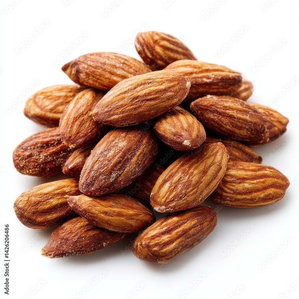Pile of roasted almonds close up isolated on white background Pile of roasted almonds close up isolated on white background