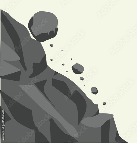 Rock rolls off cliff. Falling boulder. Rockfall and landslide. Brown earth