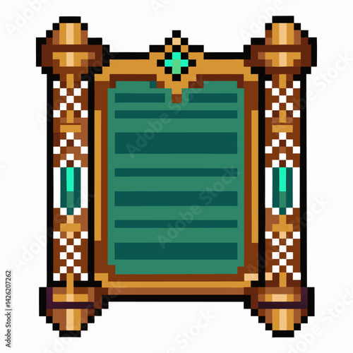 Pixel art fantasy scroll with ornate wooden frame and emerald accents, medieval game icon, retro design, digital illustration